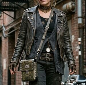 American Pride Vintage Grunge Steampunk Biker Chic Rugged Leather Crossbody Bag